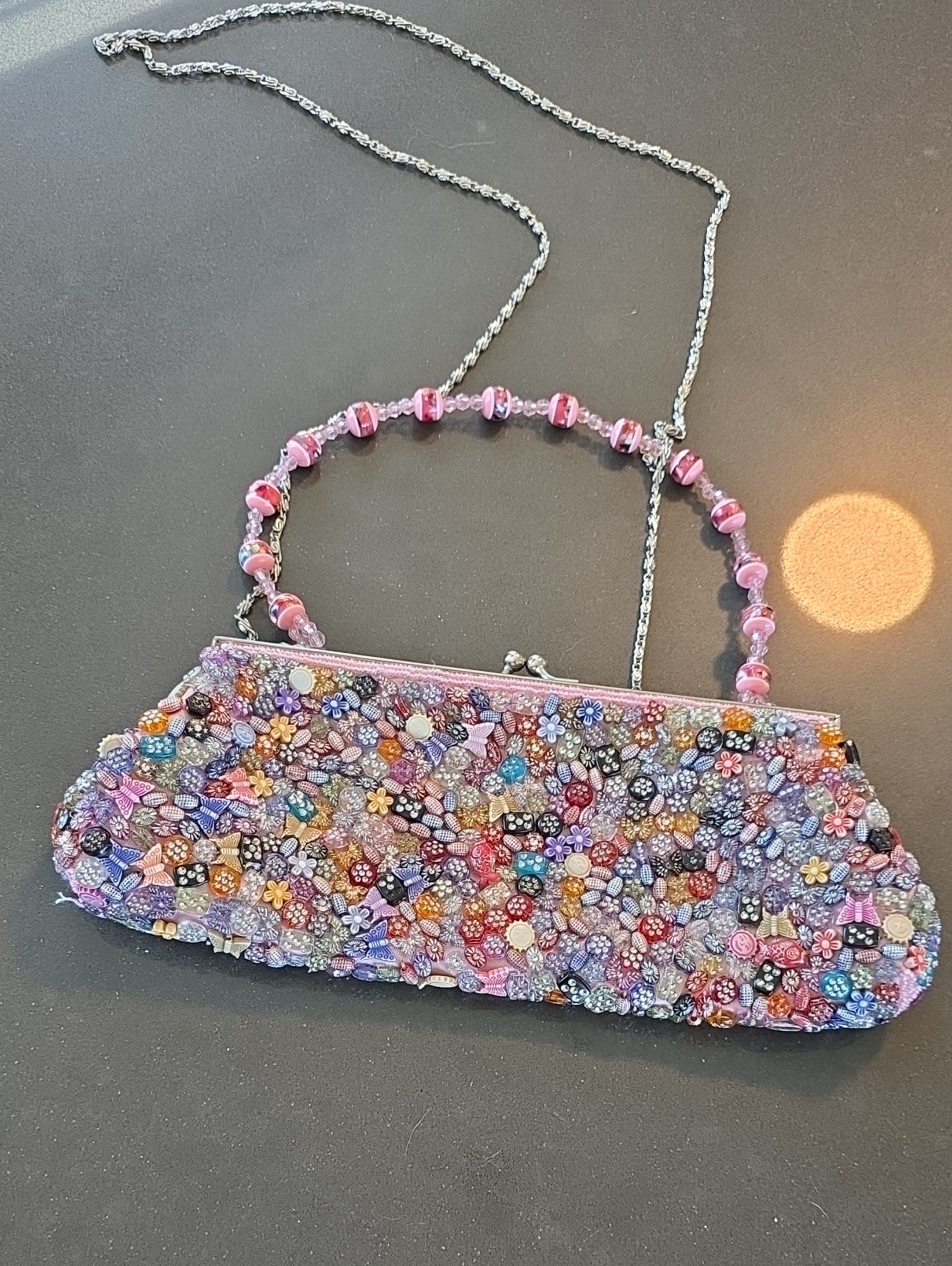 Kitschy Beaded Floral & Butterfly Pink Evening Clutch Bag